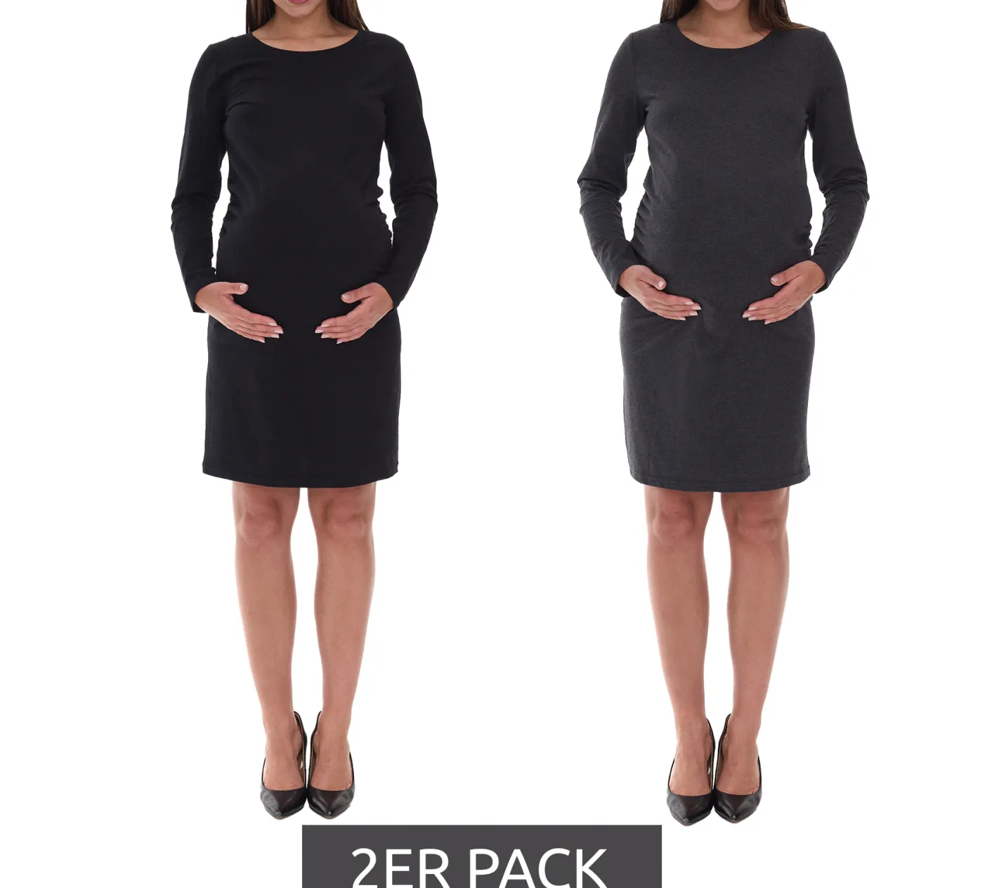 Kleider*O46bpx Damen Basic 2er-Pack Umstandsmoden-Kleid Frühlings-Kleid Pullover-Kleid Schwangerschafts-Kleid Mini-Kleid Umstandsmode 936292 Grau/Schwarz