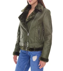Mäntel & Jacken*O46bpx Damen Biker-Jacke Übergangs-Jacke mit Reverskragen Kunstleder-Jacke 923116 Grün