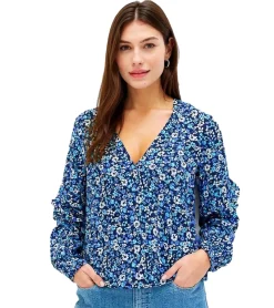 Große Größen|Poloshirts & Blusen*O46bpx Damen Bluse modische Sommer-Bluse mit Blumen-Print Volant-Shirt 913799 Blau/Weiß/Schwarz