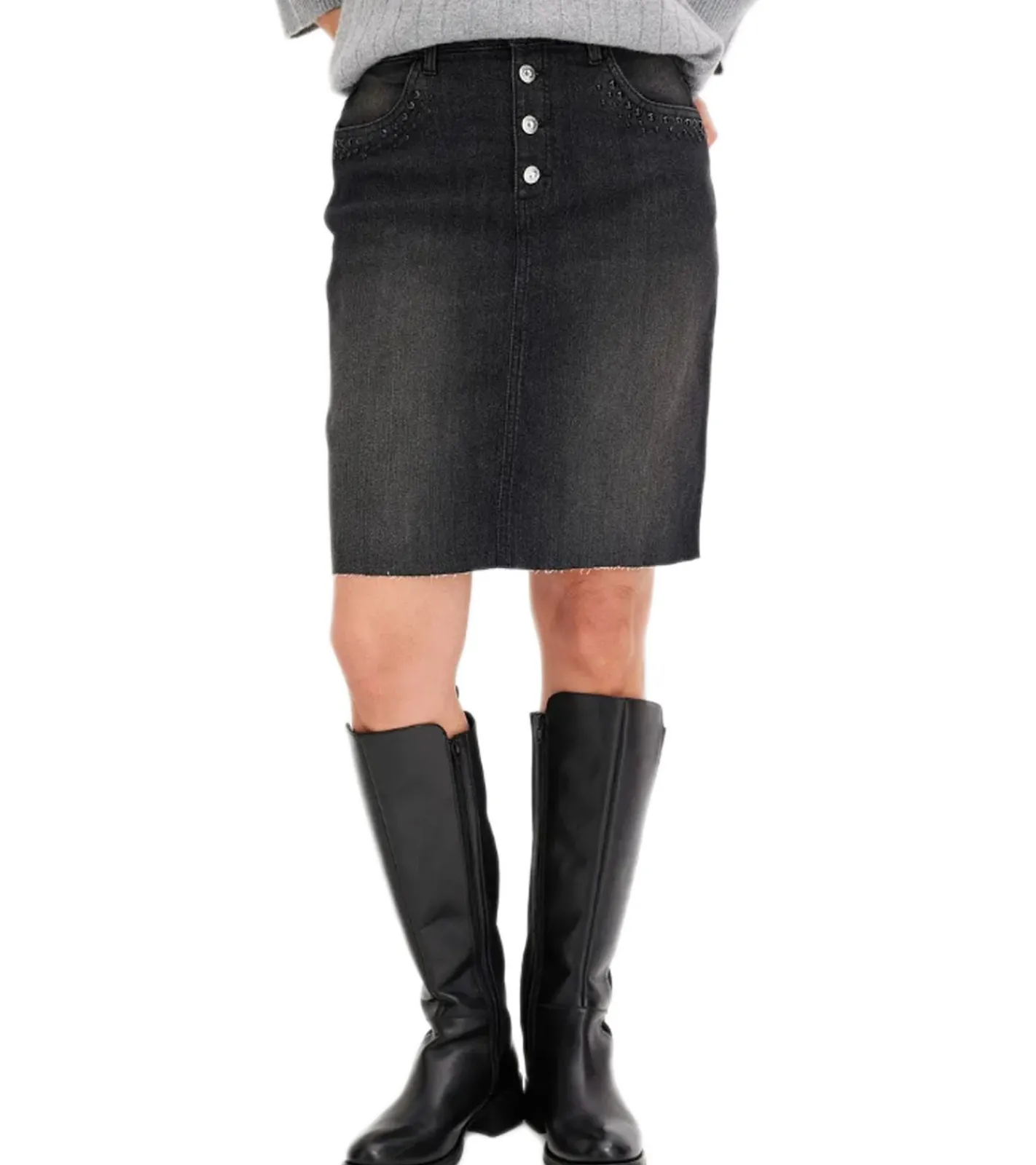 Röcke*O46bpx Damen Denim-Rock mit Strasssteinen Jeans-Rock Baumwoll-Rock Mini-Rock 918098 Schwarz/Grau