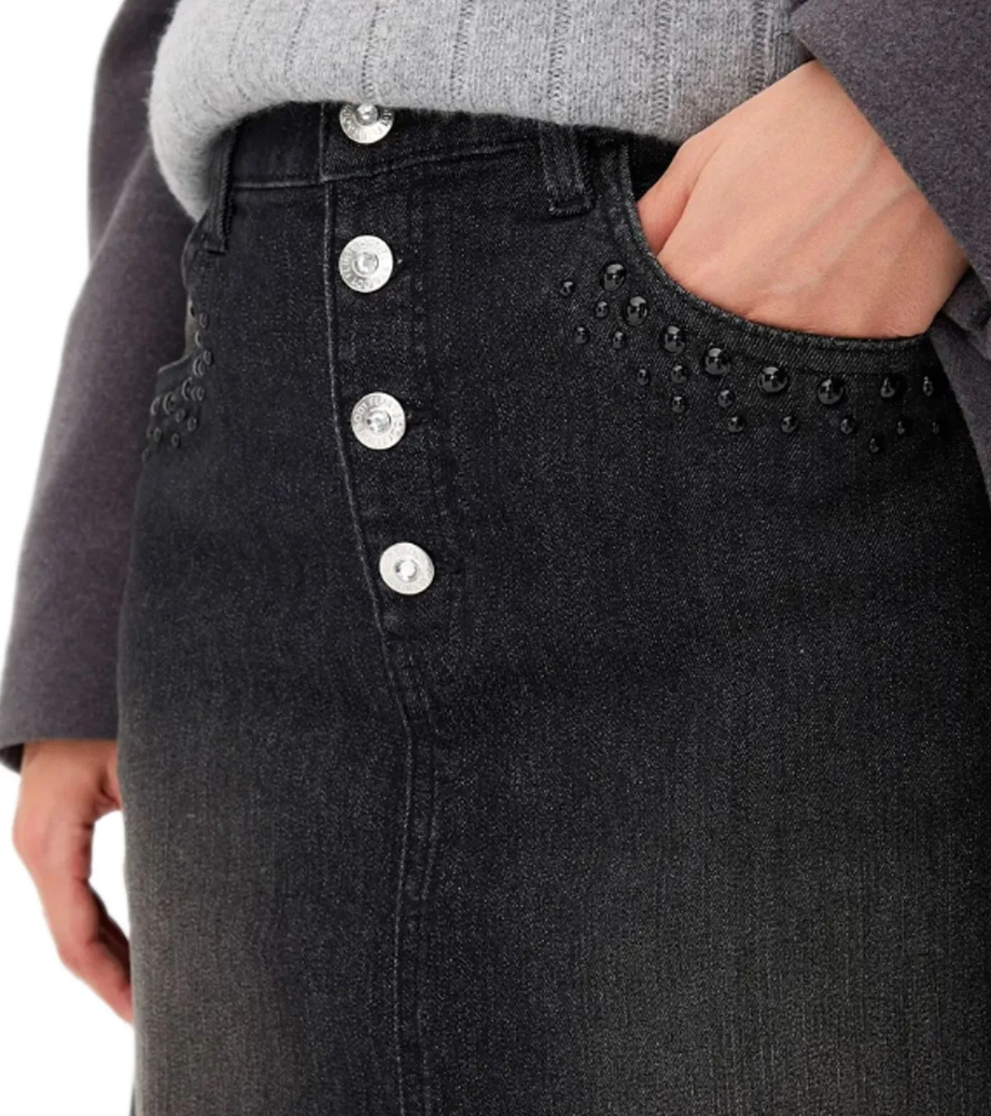 Röcke*O46bpx Damen Denim-Rock mit Strasssteinen Jeans-Rock Baumwoll-Rock Mini-Rock 918098 Schwarz/Grau