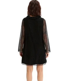 Kleider*O46bpx Damen Frühlings-Kleid gepunktetes Netzkleid stylisches Alltags-Kleid 909669 Schwarz