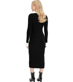 Kleider*O46bpx Damen gestricktes Midi-Hemdkleid Langarm-Kleid mit V-Ausschnitt Strick-Kleid 969584 Schwarz