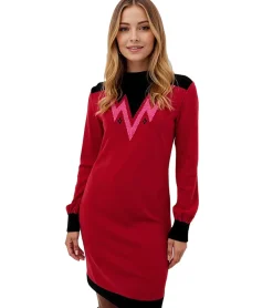 Kleider*O46bpx Damen Jacquard-Strick-Minikleid mit Rundhalsausschnitt Langarm-Kleid 923895 Rot