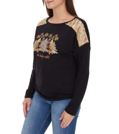 Sweater & Pullover*O46bpx Damen Langarm-Pullover mit Weihnachts-Muster Shirt mit Pailletten Longsleeve mit Glitzer-Aufdruck 951384 Schwarz/Gold