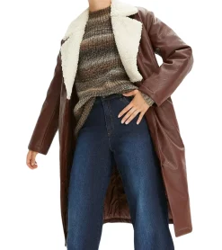 Große Größen|Mäntel & Jacken*O46bpx Damen Lederimitat-Mantel mit Teddyfell Kragen Oversized Alltags-Mantel Langarm-Jacke Übergangs-Jacke 915415 Dunkelbraun/Creme