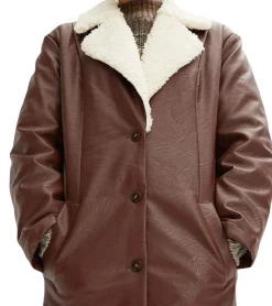 Große Größen|Mäntel & Jacken*O46bpx Damen Lederimitat-Mantel mit Teddyfell Kragen Oversized Alltags-Mantel Langarm-Jacke Übergangs-Jacke 915415 Dunkelbraun/Creme