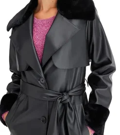 Große Größen|Mäntel & Jacken*O46bpx Damen Mantel mit Kunstfell-Kragen Kunstleder-Jacke mit Gürtel 957801 Schwarz