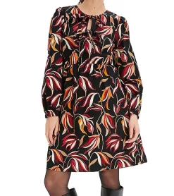 Kleider*O46bpx Damen Midi-Kleid florales Sommer-Kleid mit V-Ausschnitt Langarm-Kleid 906117 Schwarz/Bunt