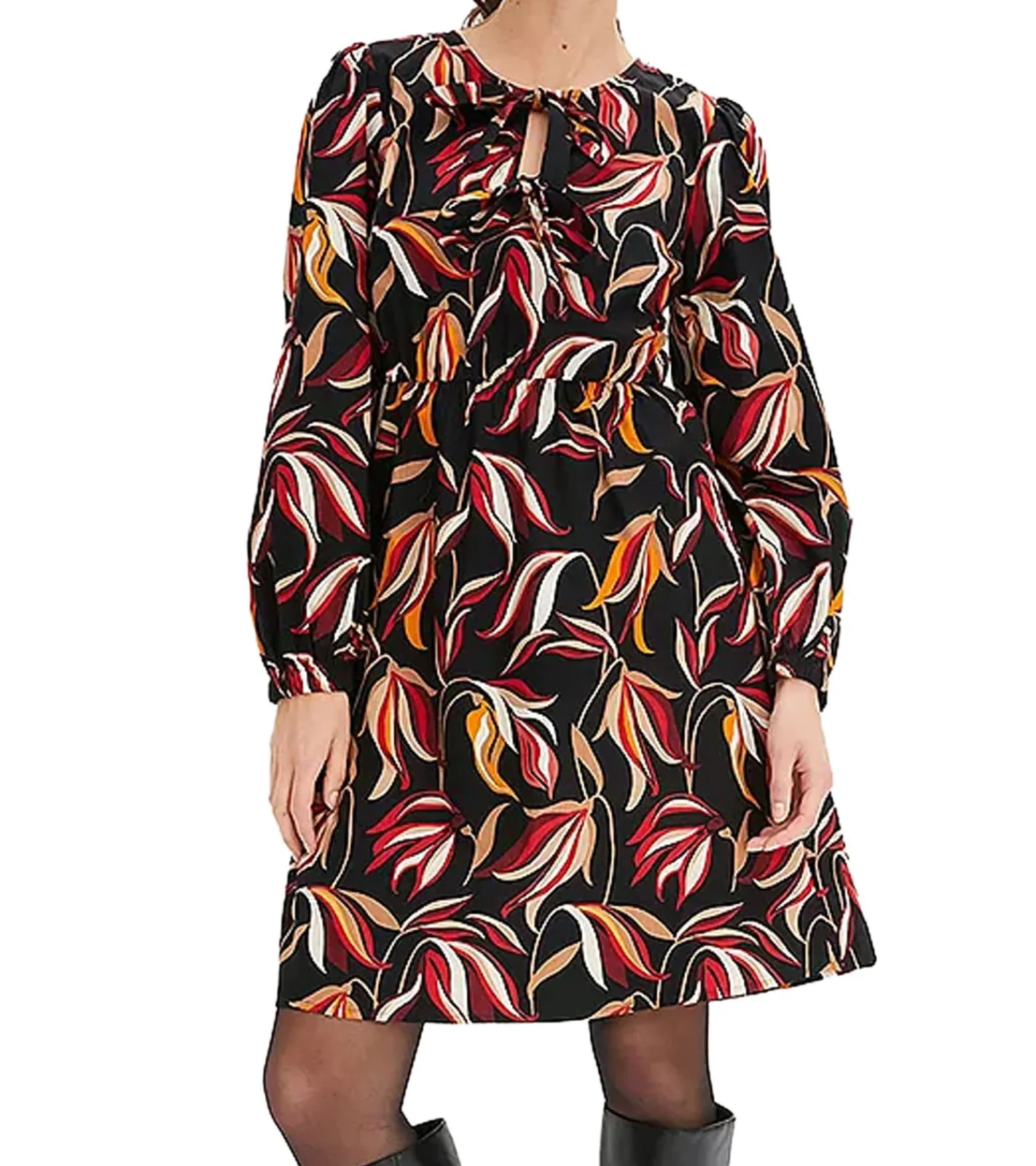 Kleider*O46bpx Damen Midi-Kleid florales Sommer-Kleid mit V-Ausschnitt Langarm-Kleid 906117 Schwarz/Bunt