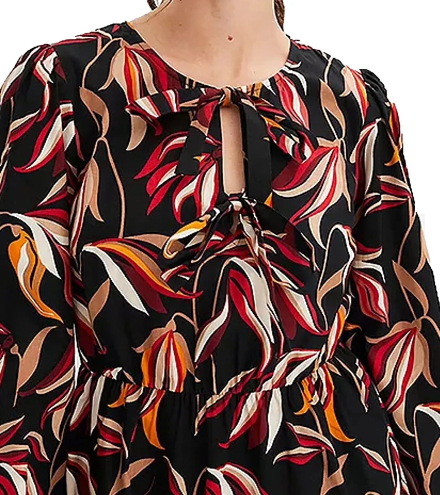 Kleider*O46bpx Damen Midi-Kleid florales Sommer-Kleid mit V-Ausschnitt Langarm-Kleid 906117 Schwarz/Bunt