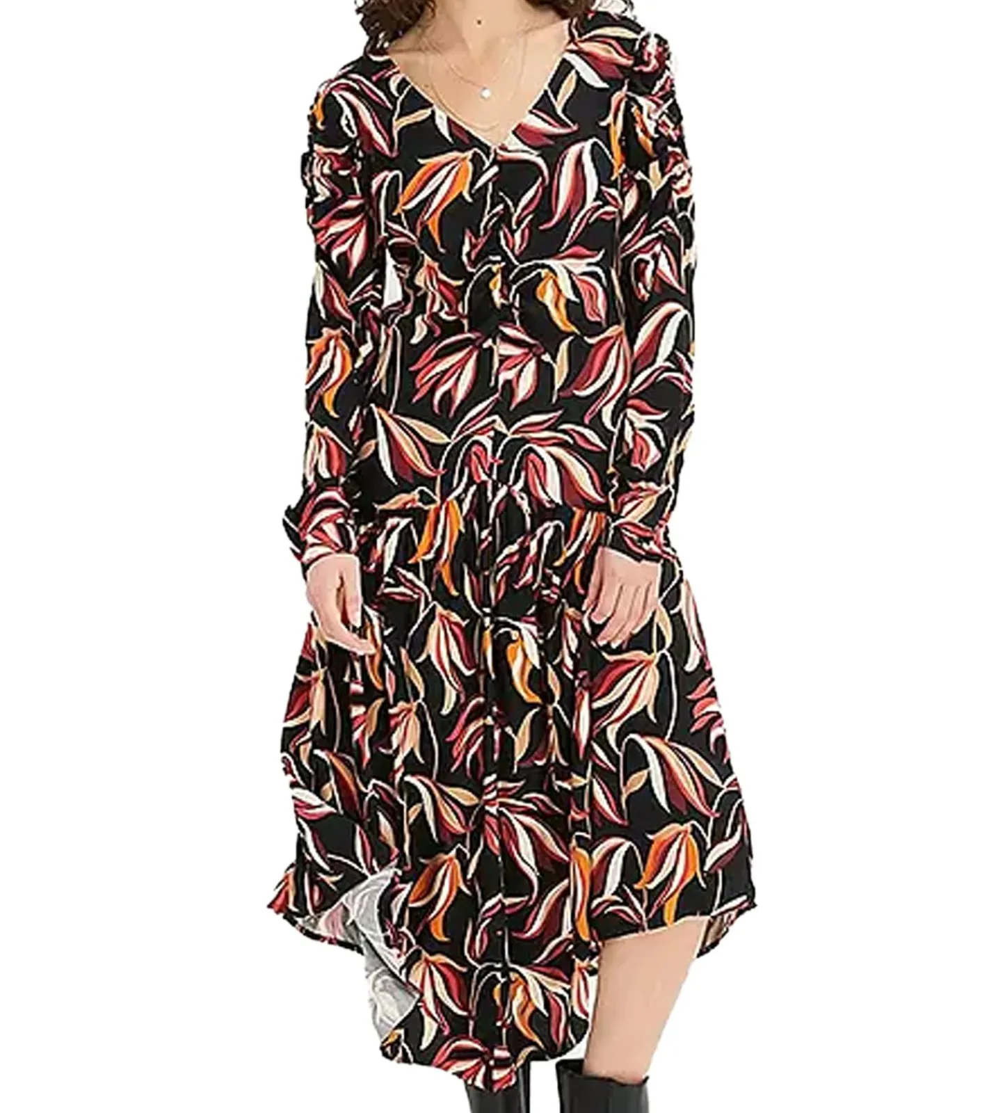 Kleider*O46bpx Damen Midi-Kleid florales Sommer-Kleid mit V-Ausschnitt Langarm-Kleid 908383 Schwarz/Bunt