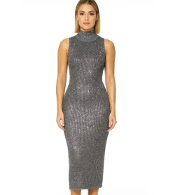 Kleider*O46bpx Damen Midi-Kleid funkelnd und glänzend armloses Kleid mit Rippenstrick Strick-Kleid mit Stehkragen 954335 Grau