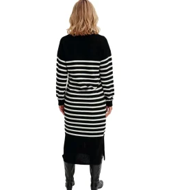 Große Größen|Kleider*O46bpx Damen Midi-Kleid gestreiftes Langarm-Kleid mit V-Ausschnitt Strick-Kleid 948157 Schwarz