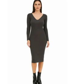 Kleider*O46bpx Damen Midi-Kleid mit Rippenstrick Langarm-Kleid schmales Strick-Kleid 933773 Grau