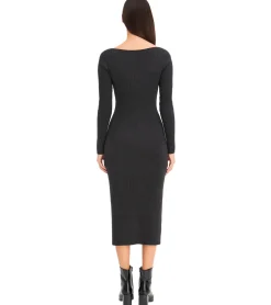 Kleider*O46bpx Damen Midi-Kleid mit Rippenstrick Langarm-Kleid schmales Strick-Kleid 933773 Grau