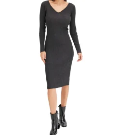 Kleider*O46bpx Damen Midi-Kleid mit Rippenstrick Langarm-Kleid schmales Strick-Kleid 933773 Grau