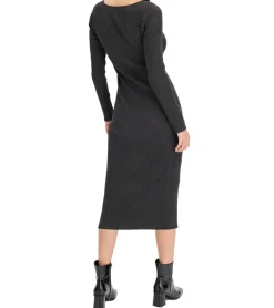 Kleider*O46bpx Damen Midi-Kleid mit Rippenstrick Langarm-Kleid schmales Strick-Kleid 933773 Grau
