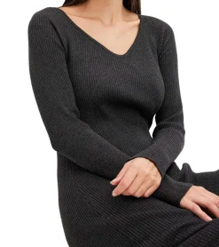 Kleider*O46bpx Damen Midi-Kleid mit Rippenstrick Langarm-Kleid schmales Strick-Kleid 933773 Grau