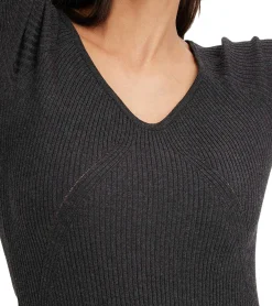 Kleider*O46bpx Damen Midi-Kleid mit Rippenstrick Langarm-Kleid schmales Strick-Kleid 933773 Grau