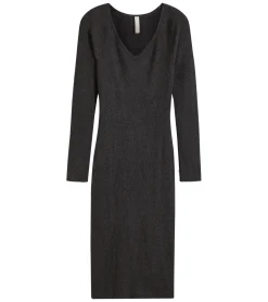 Kleider*O46bpx Damen Midi-Kleid mit Rippenstrick Langarm-Kleid schmales Strick-Kleid 933773 Grau