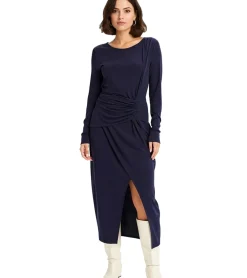 Kleider*O46bpx Damen Midi-Kleid Sommer-Kleid in Wickeloptik Freizeit-Kleid Langarm-Dress 952182 Dunkelblau
