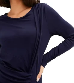 Kleider*O46bpx Damen Midi-Kleid Sommer-Kleid in Wickeloptik Freizeit-Kleid Langarm-Dress 952182 Dunkelblau