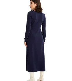 Kleider*O46bpx Damen Midi-Kleid Sommer-Kleid in Wickeloptik Freizeit-Kleid Langarm-Dress 952182 Dunkelblau