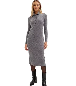 Kleider*O46bpx Damen Midi-Kleid Strickkleid aus Merinowolle Langarm-Kleid 911115 Grau