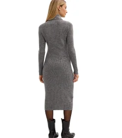 Kleider*O46bpx Damen Midi-Kleid Strickkleid aus Merinowolle Langarm-Kleid 911115 Grau