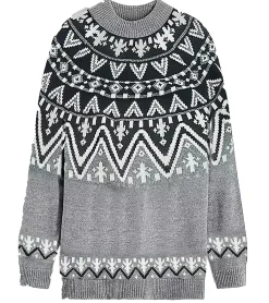 Sweater & Pullover*O46bpx Damen Norweger-Pullover weit geschnittener Pullover mit Stehkragen 937915 Grau/Schwarz/Weiß