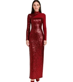 Kleider*O46bpx Damen Pailletten-Kleid mit Netzeinsatz Langarm-Kleid mit Stehkragen Party-Kleid 932832 Rot