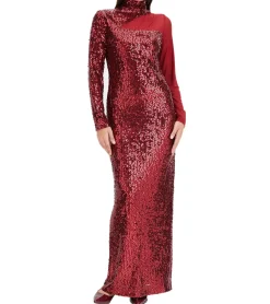 Kleider*O46bpx Damen Pailletten-Kleid mit Netzeinsatz Langarm-Kleid mit Stehkragen Party-Kleid 932832 Rot