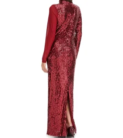 Kleider*O46bpx Damen Pailletten-Kleid mit Netzeinsatz Langarm-Kleid mit Stehkragen Party-Kleid 932832 Rot