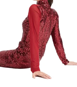 Kleider*O46bpx Damen Pailletten-Kleid mit Netzeinsatz Langarm-Kleid mit Stehkragen Party-Kleid 932832 Rot