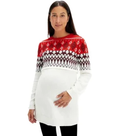 Sweater & Pullover*O46bpx Damen Pullover kuscheliger Umstands-Pulli Schwangerschafts-Kleidung im Norweger-Design 920178 Rot/Beige/Weiß