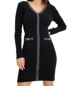 Kleider*O46bpx Damen Ripp-Strick-Kleid mit Zierstreifen und Zier-Taschen Mini-Kleid mit langen Ärmeln 913875 Schwarz