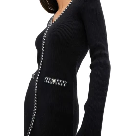 Kleider*O46bpx Damen Ripp-Strick-Kleid mit Zierstreifen und Zier-Taschen Mini-Kleid mit langen Ärmeln 913875 Schwarz