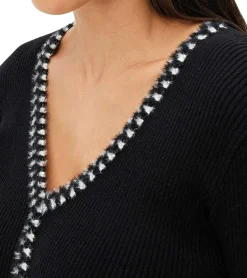 Kleider*O46bpx Damen Ripp-Strick-Kleid mit Zierstreifen und Zier-Taschen Mini-Kleid mit langen Ärmeln 913875 Schwarz