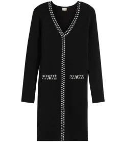 Kleider*O46bpx Damen Ripp-Strick-Kleid mit Zierstreifen und Zier-Taschen Mini-Kleid mit langen Ärmeln 913875 Schwarz