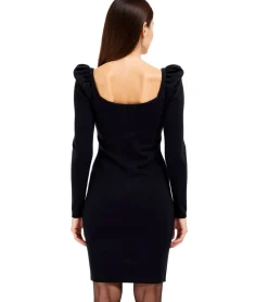 Kleider*O46bpx Damen Ripp-Strick-Kleid mit Karree-Ausschnitt Mini-Kleid mit langen Ärmeln 906800 Schwarz