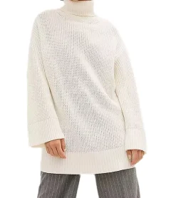 Sweater & Pullover*O46bpx Damen Rollkragen-Pullover mit seitlichen Schlitzen Oversized Strick-Pullover 965990 Creme-Weiß