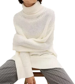 Sweater & Pullover*O46bpx Damen Rollkragen-Pullover mit seitlichen Schlitzen Oversized Strick-Pullover 965990 Creme-Weiß