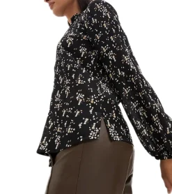 Große Größen|Poloshirts & Blusen*O46bpx Damen Sommer-Bluse mit Seidenanteil dünne Woll-Bluse Crinkle-Tunika Langarm-Shirt 974161 Schwarz