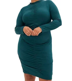 Große Größen|Kleider*O46bpx Damen Sommer-Kleid gerafftes Jersey-Kleid enganliegendes Langarm-Kleid 935347 Grün