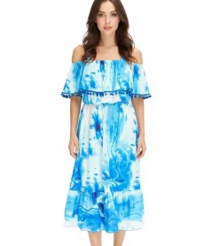 Kleider*O46bpx Damen Sommer-Kleid Jersey-Kleid im Allover-Batik Design mit Bommeln und Volant 925122 Blau