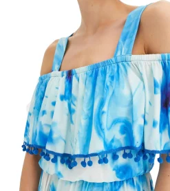 Kleider*O46bpx Damen Sommer-Kleid Jersey-Kleid im Allover-Batik Design mit Bommeln und Volant 925122 Blau