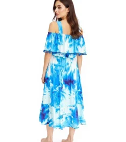 Kleider*O46bpx Damen Sommer-Kleid Jersey-Kleid im Allover-Batik Design mit Bommeln und Volant 925122 Blau