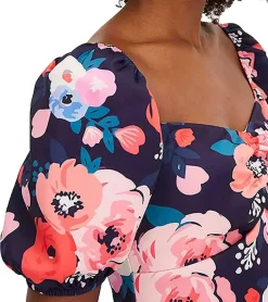 Kleider*O46bpx Damen Sommer-Kleid mit floralem Allover-Print Mini-Kleid mit Puff-Ärmeln Freizeit-Kleid 931070 Blau/Bunt