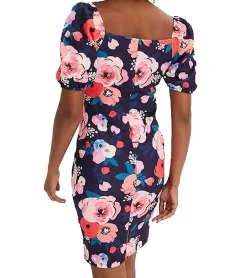 Kleider*O46bpx Damen Sommer-Kleid mit floralem Allover-Print Mini-Kleid mit Puff-Ärmeln Freizeit-Kleid 931070 Blau/Bunt